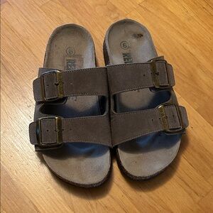 Red Stone Women's Double-Buckle Suede Slide Sandals in Taupe